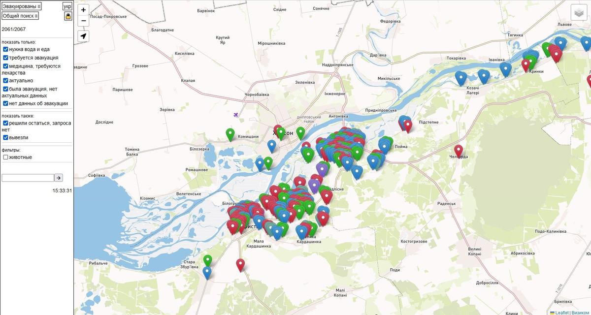 На этой карте сотни адресов и судеб. Волонтеры составили ее в первые часы после катастрофы на Каховской ГЭС и обновляют в реальном времени. Скриншот