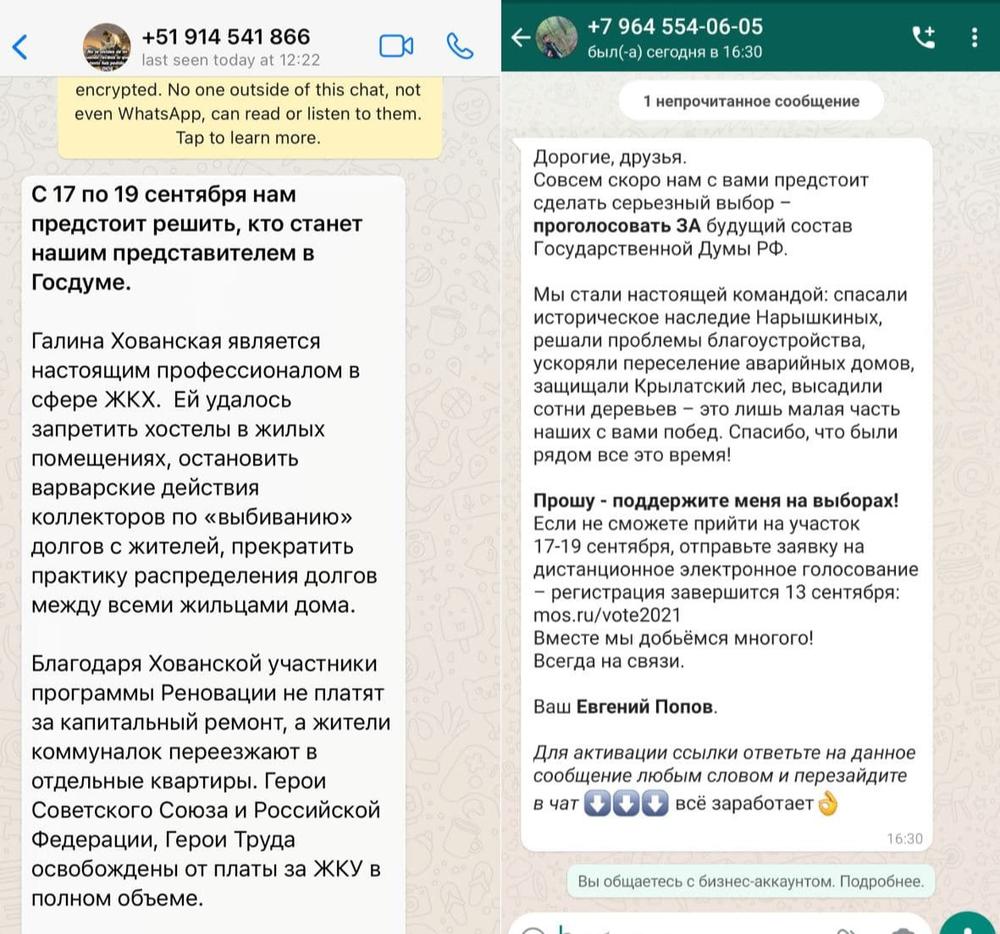 Агитация в WhatsApp за подписью Хованской и Попова