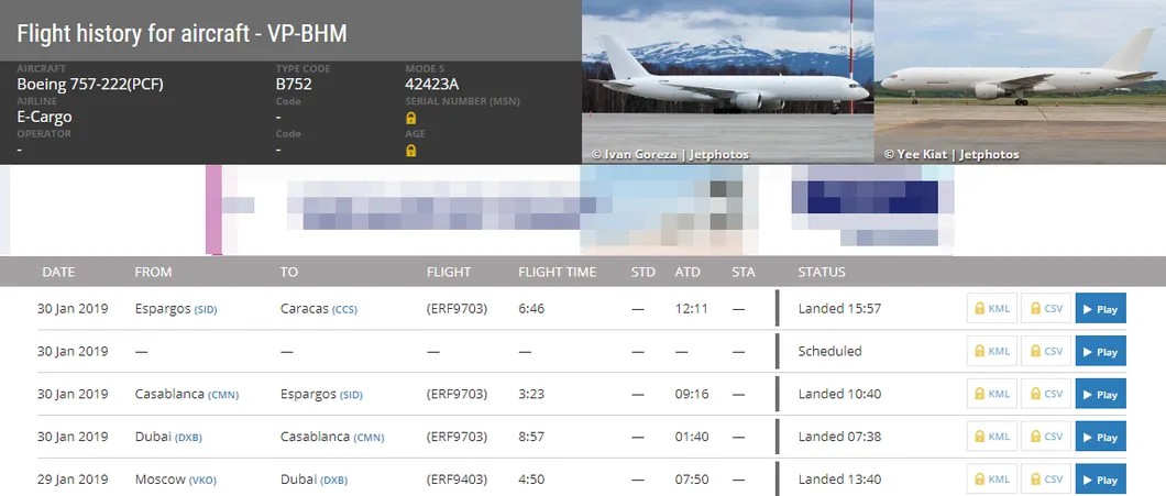 «Золотой рейс»: Москва — Дубай — Касабланка — Эспаргос — Каракас. Скриншот сайта flightradar24.com