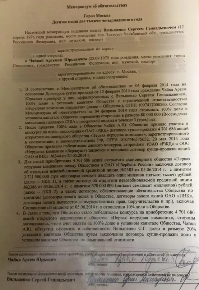 Меморандум об обязательтвах между Артемом Чайкой и Сергеем Вильшенко