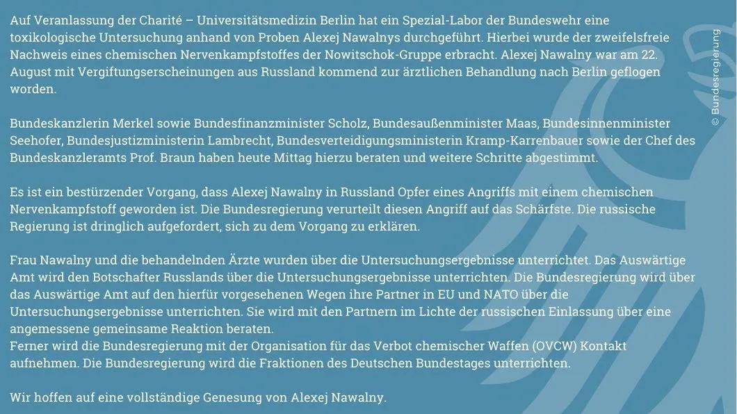 Распространенное пресс-службой кабмина заявление на немецком. Источник: Штеффен Зайберт, правительство ФРГ