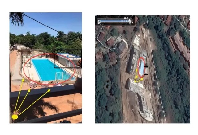 Сравниваем фотографию, сделанную рабочими со спутниковым снимком. Желтым обозначено место, где, вероятно, стоял рабочий, красным — очертания бассейна, черным — узнаваемая прямоугольная постройка у бассейна.