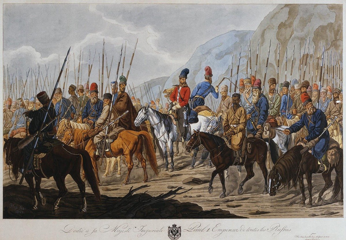 «Яицкие казаки в походе», акварель конца XVIII века. Источник: Википедия