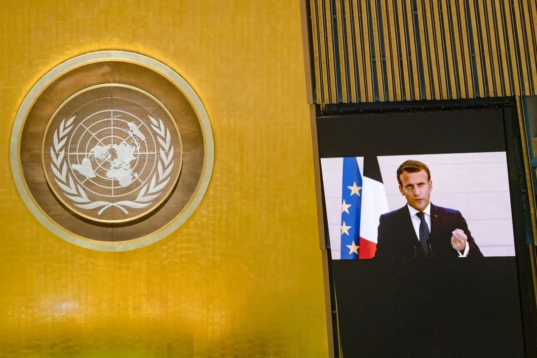 Эмманюэль Макрон на трибуне 75-й Генеральной ассамблеи ООН, 22 сентября. Фото: ЕРА