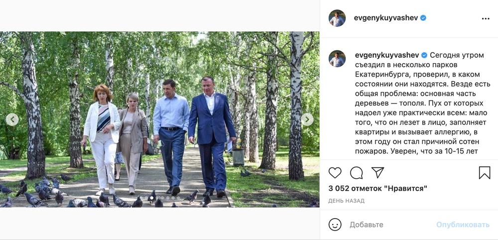 В официальном инстаграме губернатора появилась запись, в которой предлагается «заменить» все тополя в Екатеринбурге на другие деревья. Скриншот