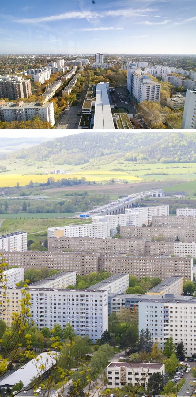 Район Гропиус Штадт в Западном Берлине и район Лобеда в Йене (территория бывшей ГДР). Восточные микрорайоны состоят из типовых зданий, расположенных по единым принципам планировки. В западных микрорайонах считывается «замысел» архитектора, но повторяющихся элементов и материалов тоже много. У восточных «типовых» районов есть плюс – эту застройку легче и дешевле модернизировать.