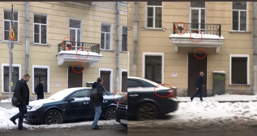 «Доказательство» встречи Навального с Пригожиным — раздельные фотографии человека, похожего на Навального, и человека в кепке, похожего на Пригожина, на фоне фасада одного и того же дома. Источник: @mittuss / Twitter