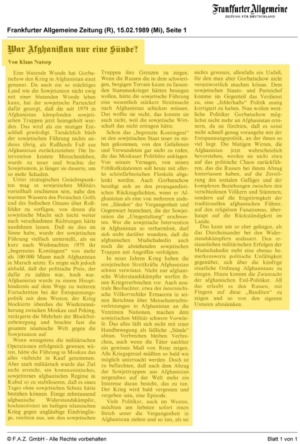 Frankfurter Allgemeine Zeitung, 15.02.1989, War Afghanistan nur eine Sünde?, Klaus Natorp