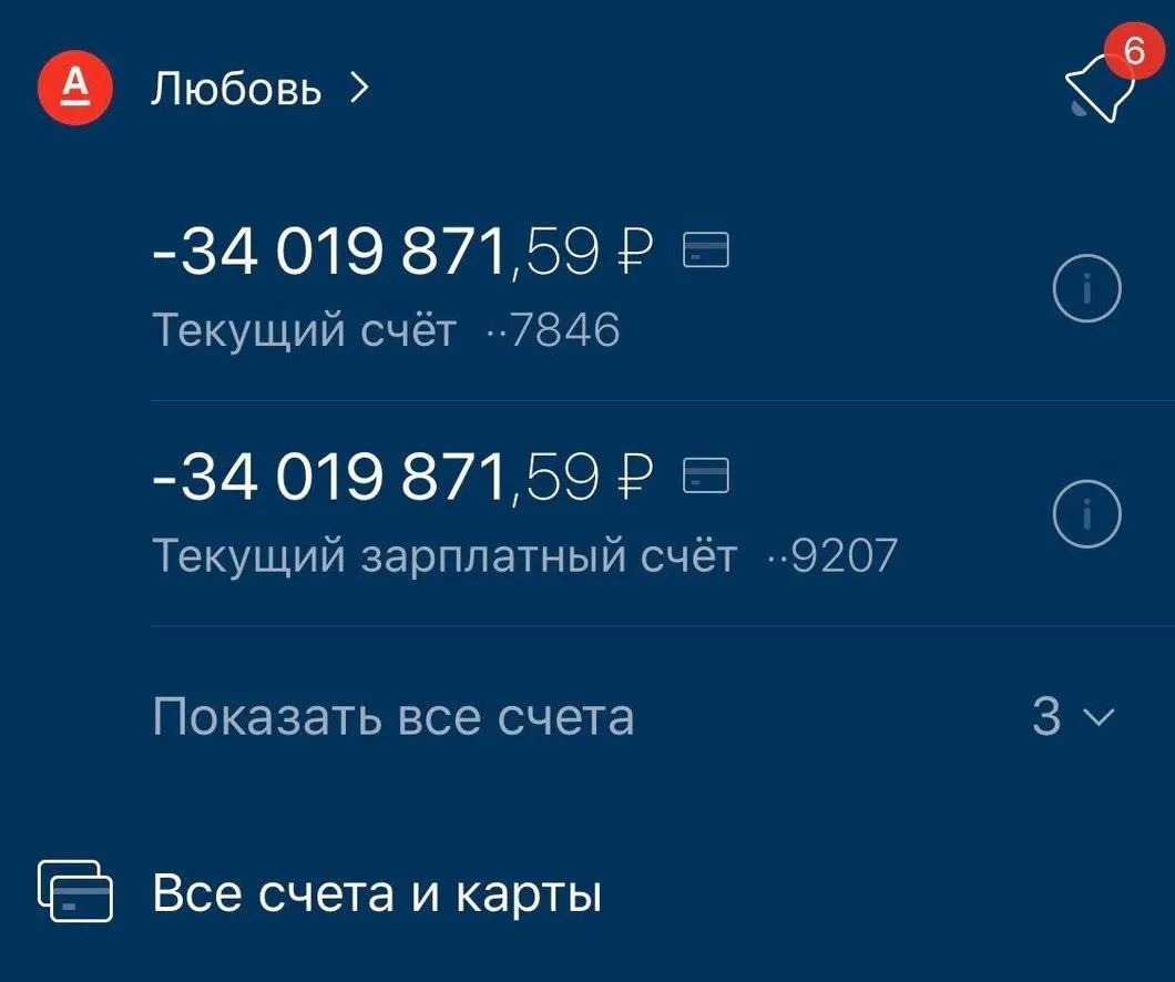 Скриншот терминала с картами Любови Соболь, где автоматически учтено списание 34 миллионов рублей, проигранных в суде