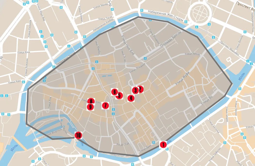 Карта нападений Шеката в центре Страсбурга. Интерактивная карта (c) Les Dernières Nouvelles d'Alsace — по ссылке