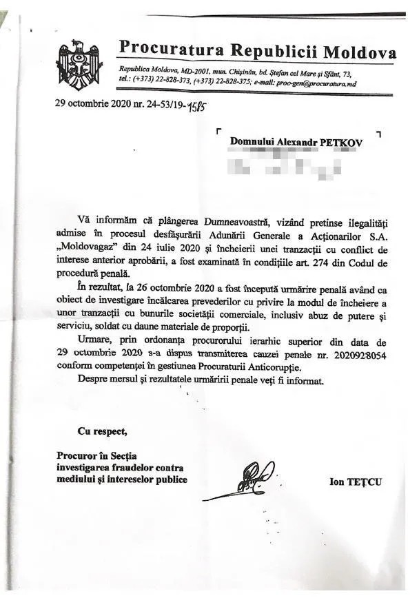 В ответ на обращение Петкова молдавская прокуратура возбудела уголовное дело по факту «возможных незаконных действий» со стороны «Молдовагаз»