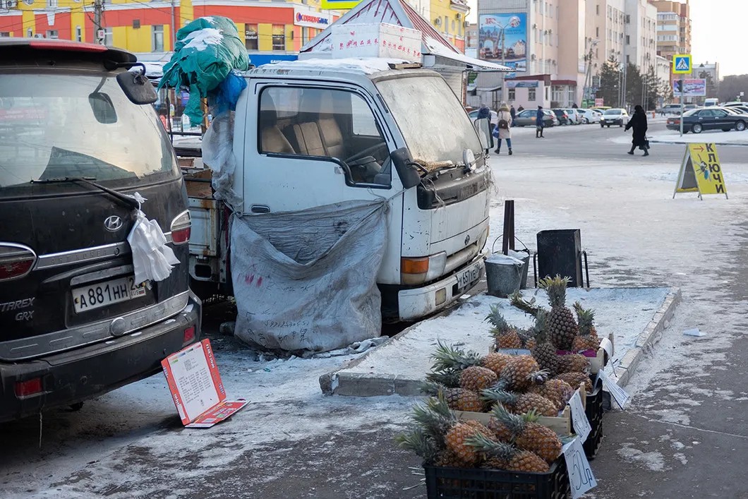 Торговля морожеными ананасами возле центрального рынка в Благовещенске. Фото: Иван Белозеров / специально для «Новой»