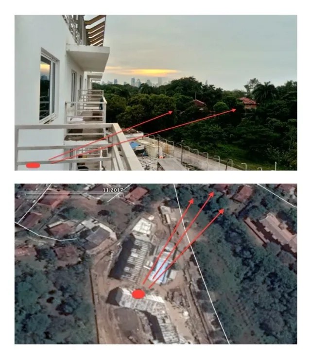 Сверху снимок, сделанный рабочим, снизу — спутниковый снимок. Красной точкой обозначено, где стоял человек, красные линии — направление, в котором был сделан снимок. В лесу виднеются две узнававемые крыши соседних зданий. Они есть и на фотографии, и на спутниковом снимке.