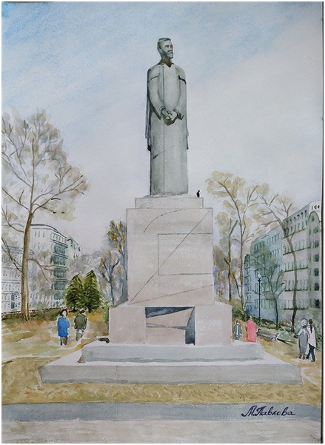 Марина Павлова. Памятник учёному-естествоиспытателю Клименту Аркадьевичу Тимирязеву на Тверском бульваре. 2025. Бумага, акварель