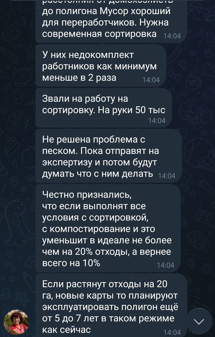 Это сообщения эколога Татьяны Трибрат в чате экологов после посещения мусорного полигона 26 февраля. Скриншот