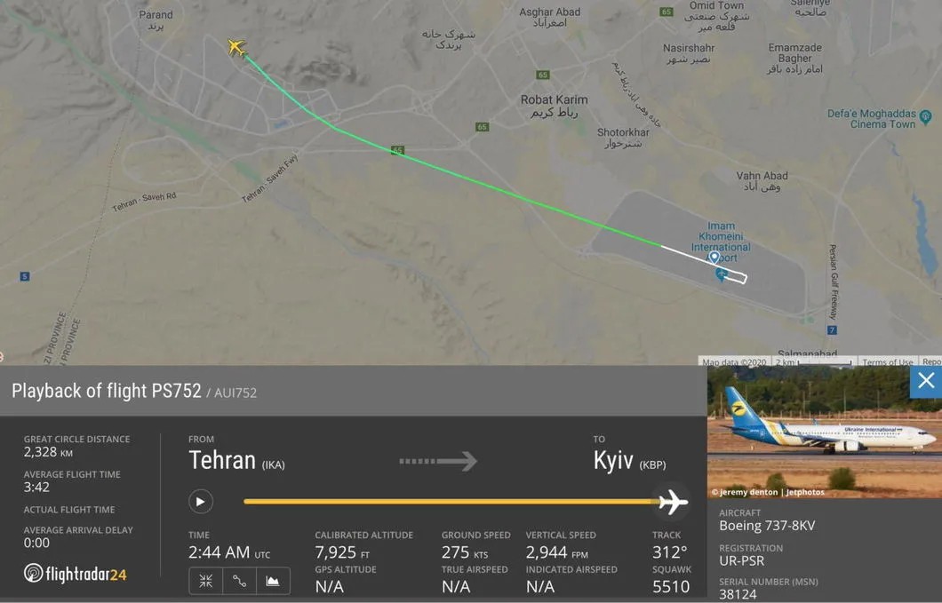 Данные Flightradar о рейсе, разбившемся под Тегераном