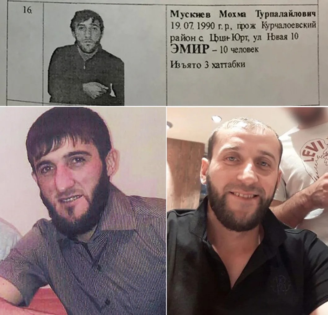 Махма Мускиев (вверху — в фототаблице задержанных, внизу слева — на фотографии из аккаунта в соцсетях) и его брат Умар Туркоев (на фото внизу справа, фото из соцсетей)