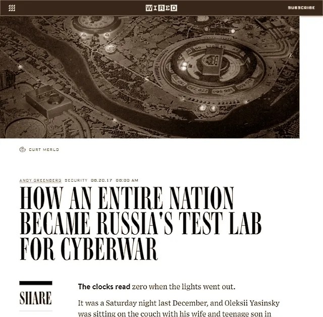 Скриншот сайта Wired со статьей о русских хакерах, атакующих инфраструктуру Украины