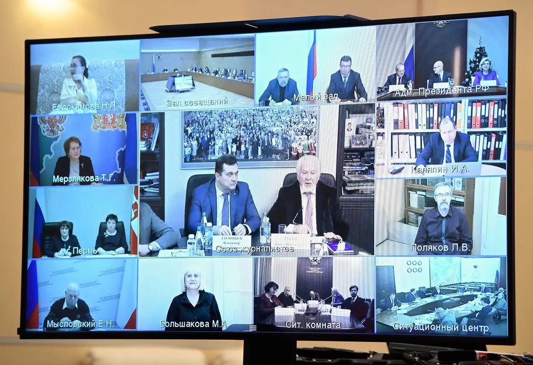 Участники (на экране) заседания Совета по развитию гражданского общества и правам человека в режиме видеоконференции. Фото: РИА Новости