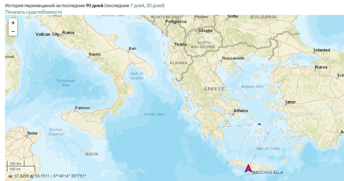 Путь Bacchus Alla за последние 90 дней: Люксовая яхта Bacchus Alla сейчас ходит в районе греческих островов