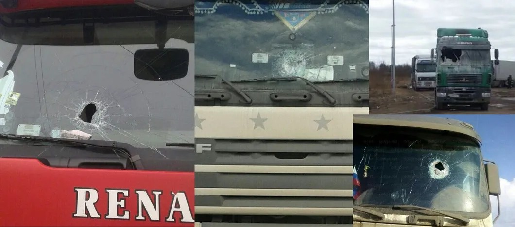 Фотографии с разбитыми и поврежденными стеклами на стоянках протестующих дальнобойщиков в Дагестане. Фото: соцсети