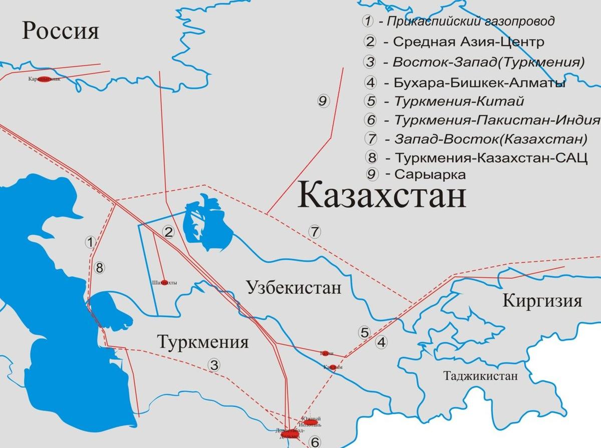 Map of gas pipelines, including those passing through the territory of Uzbekistan