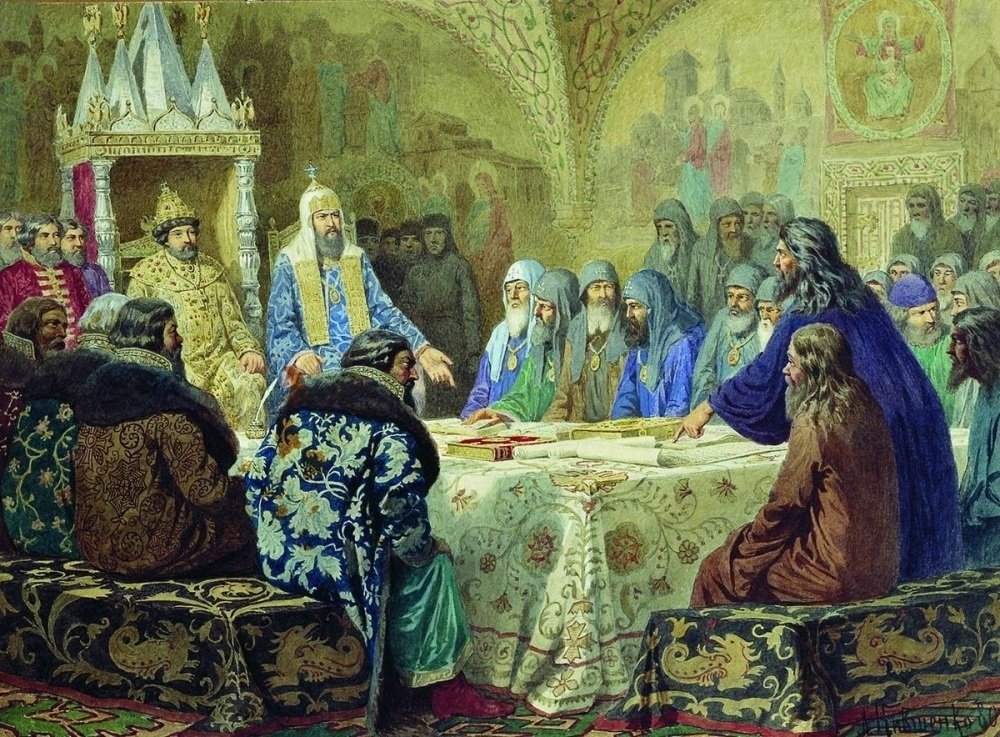 «Патриарх Никон пересматривает богослужебные книги». Картина: Кившенко А. Д., 1880 год