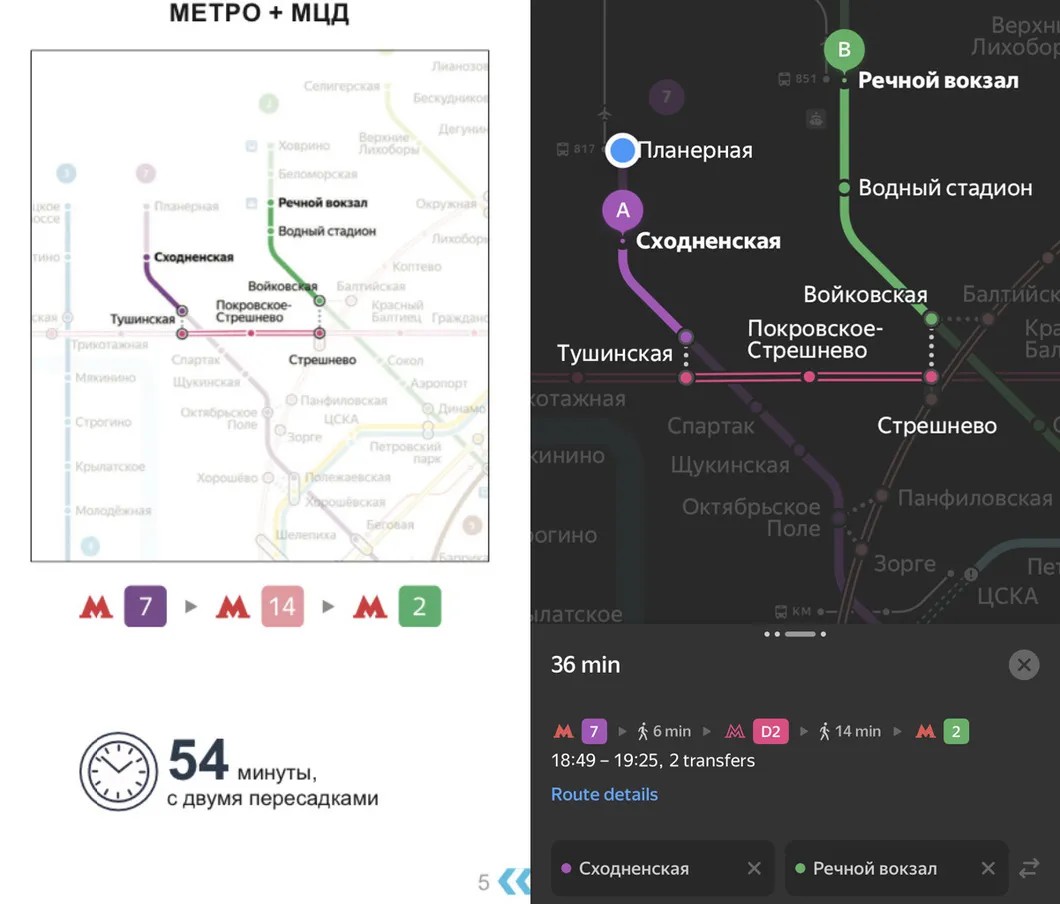 Слева — маршрут в метро согласно проекту на «Активном гражданине».Второе фото — тот же маршрут согласно Яндекс.карты