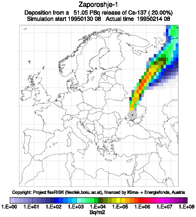 Возможное распространение радиоактивных веществ при тяжелой аварии на ЗАЭС, в зависимости от направления ветра. Может долелеть до Москвы
