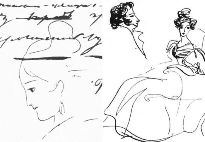 Слев а: силуэт Анны Керн — рисунок Пушкина на полях его рукописи. Справа: «Пушкин и Анна Керн», рисунок Нади Рушевой