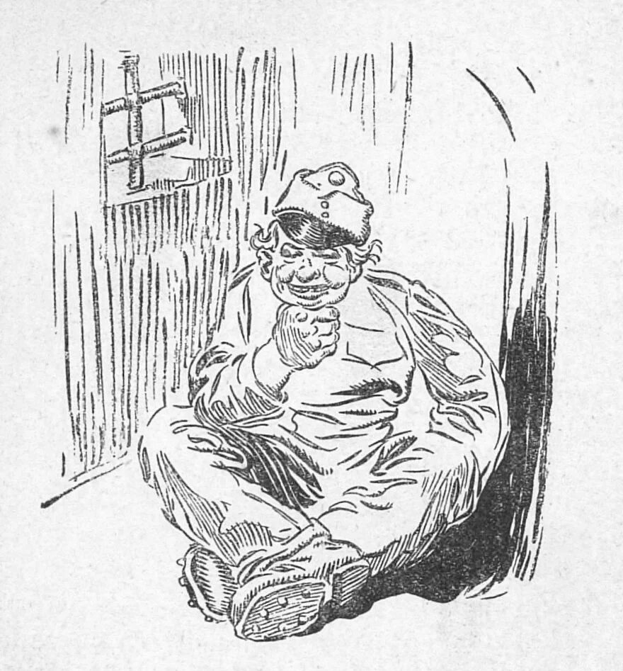 Швейк в тюрьме. Иллюстрация К. Штроффа к рассказам о Швейке. 1912 год. Источник: Википедия