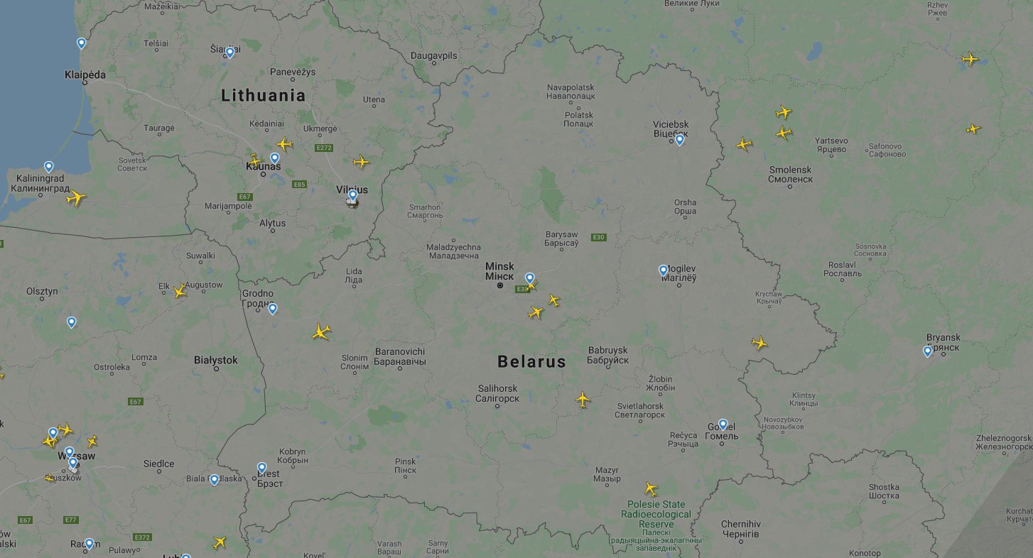 Небо над Беларусью в 20:40 мск, вторник, 25 мая. Карта Flightradar