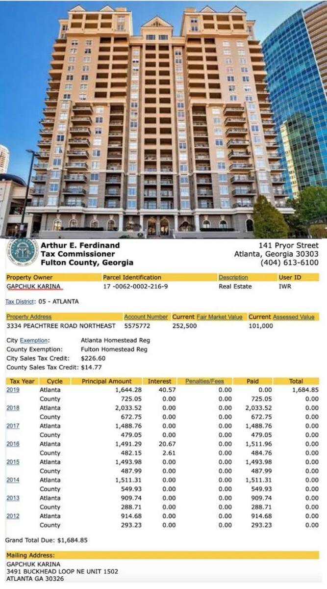 Дом по адресу 3334 Peachtree Road, Atlanta и налоговая выписка на апартаменты, принадлежащие Карине Гапчук (Ротенберг)