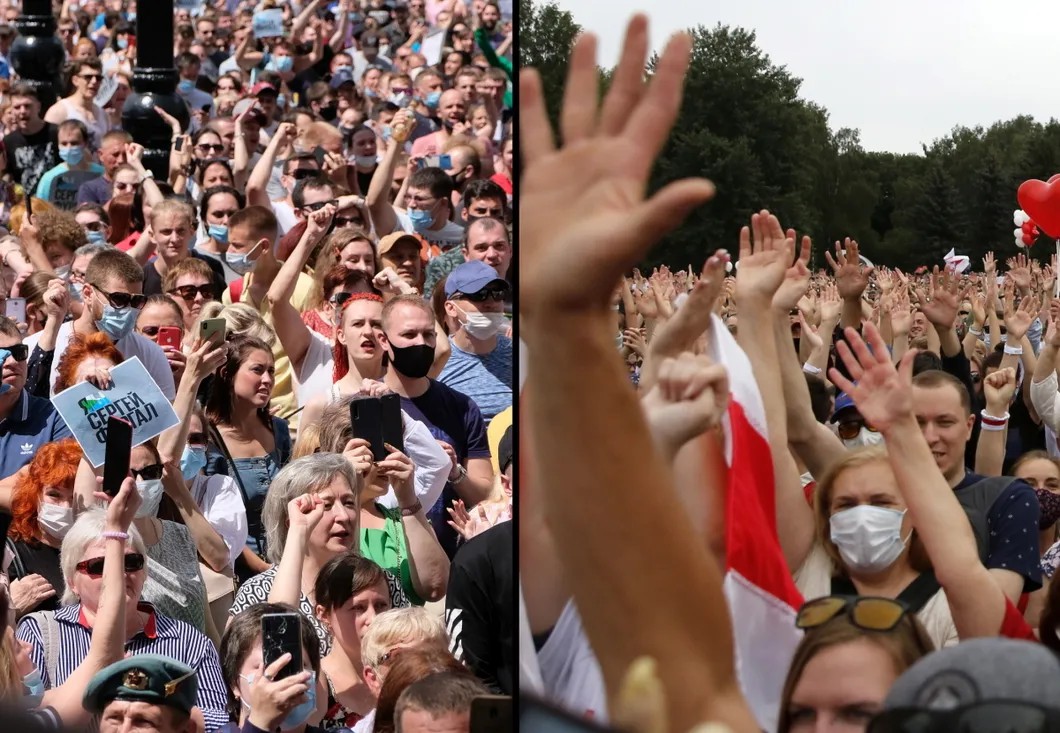 Июльские митинги достоинства в Хабаровске (слева) и в Минске (справа). Коллаж: Дмитрий Моргулис / ТАСС, EPA