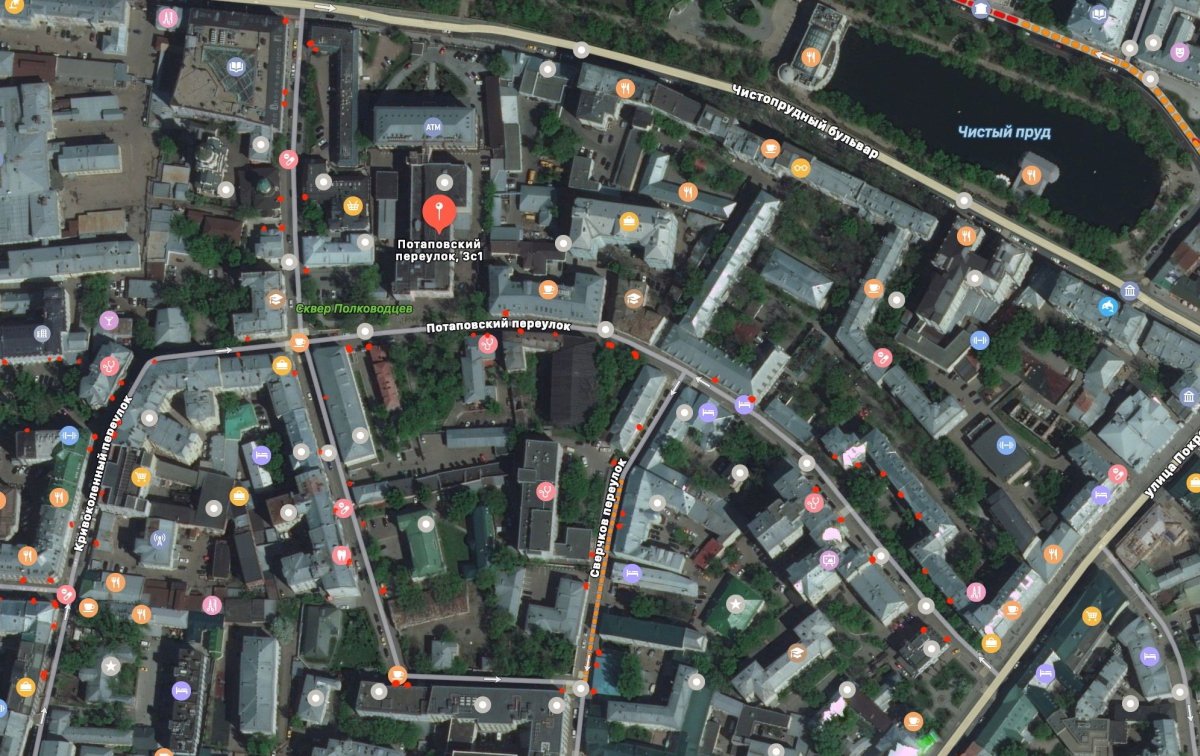 Район вокруг редакции «Новой» (большая красная точка). Небольшие красные точки вокруг — камеры видеонаблюдения