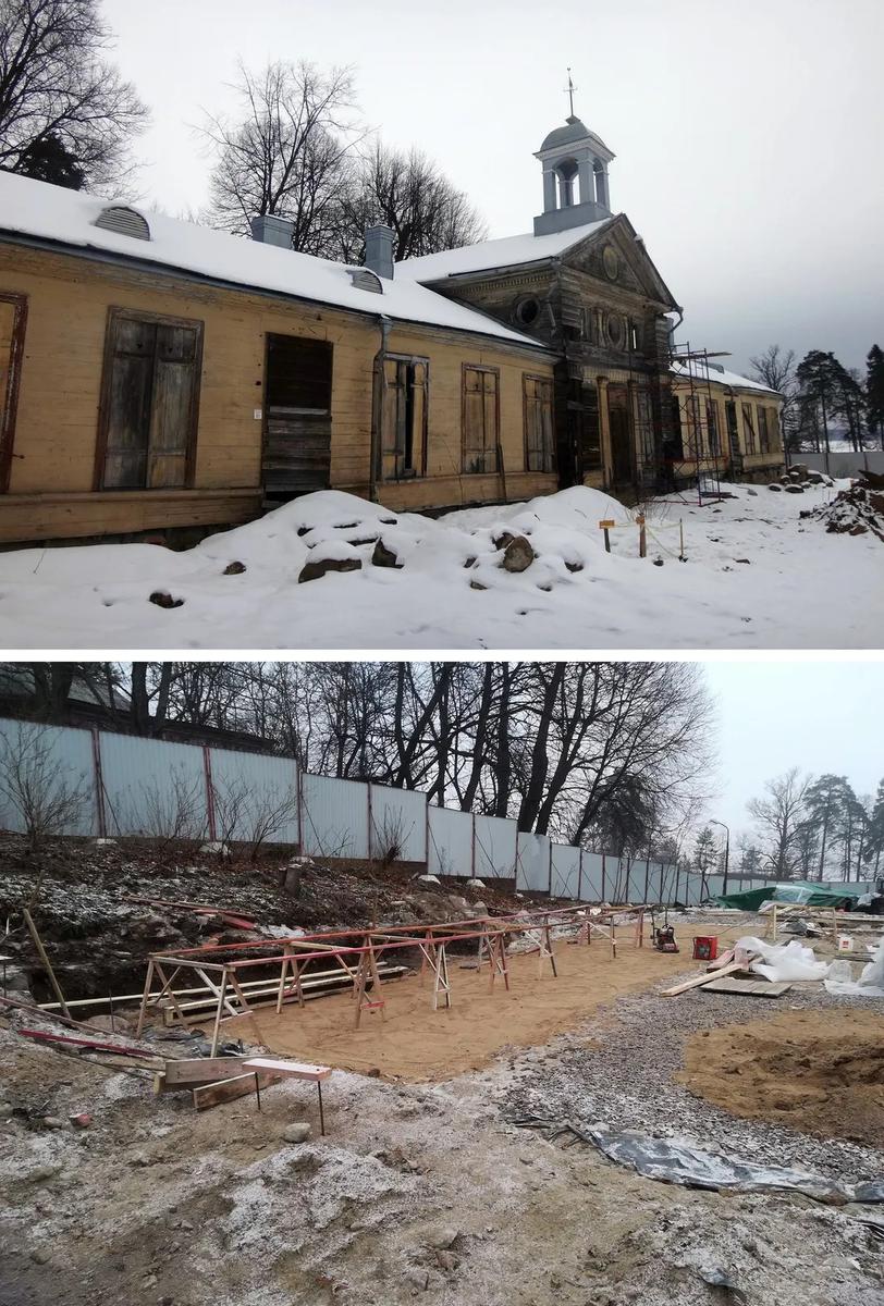 Библиотичный флигель до и после «реставрации» / Фото: @save_monrepo