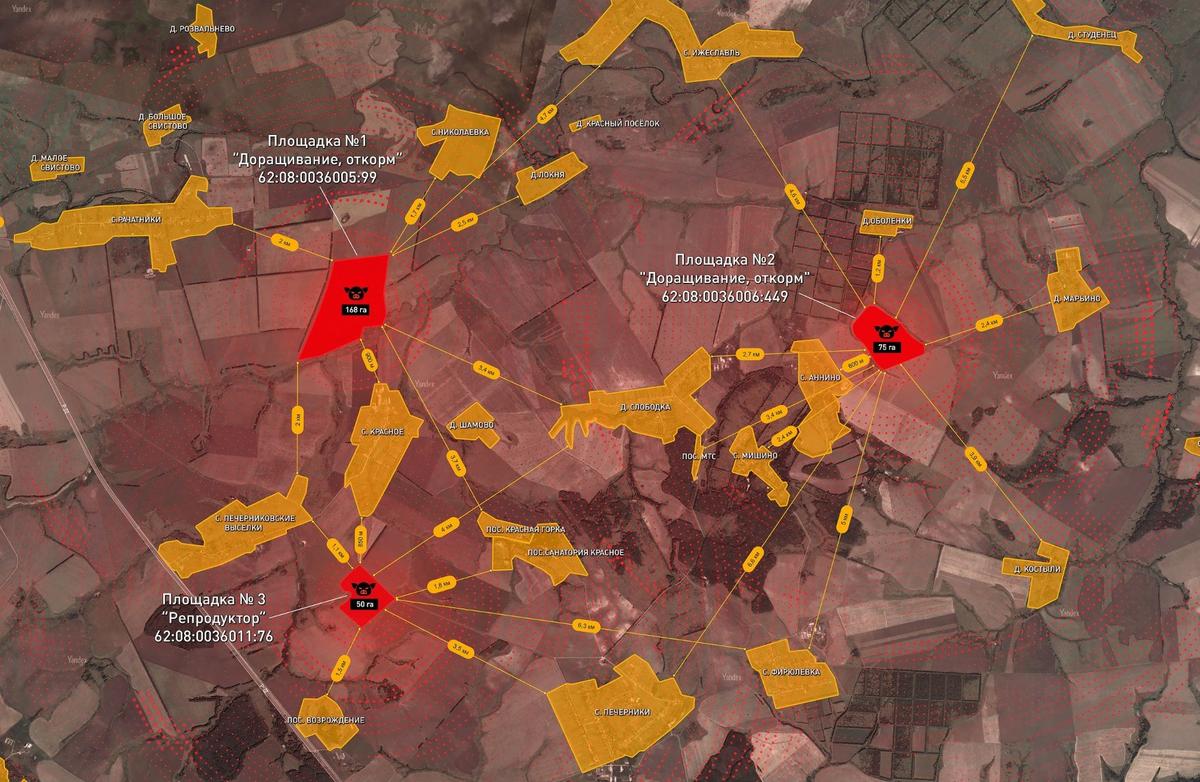 Расположение будущих свинокомплексов и ближайших к ним сел в Михайловском районе. Карта: сообщество «Против мегасвинарников в Михайловском районе» в vk.com