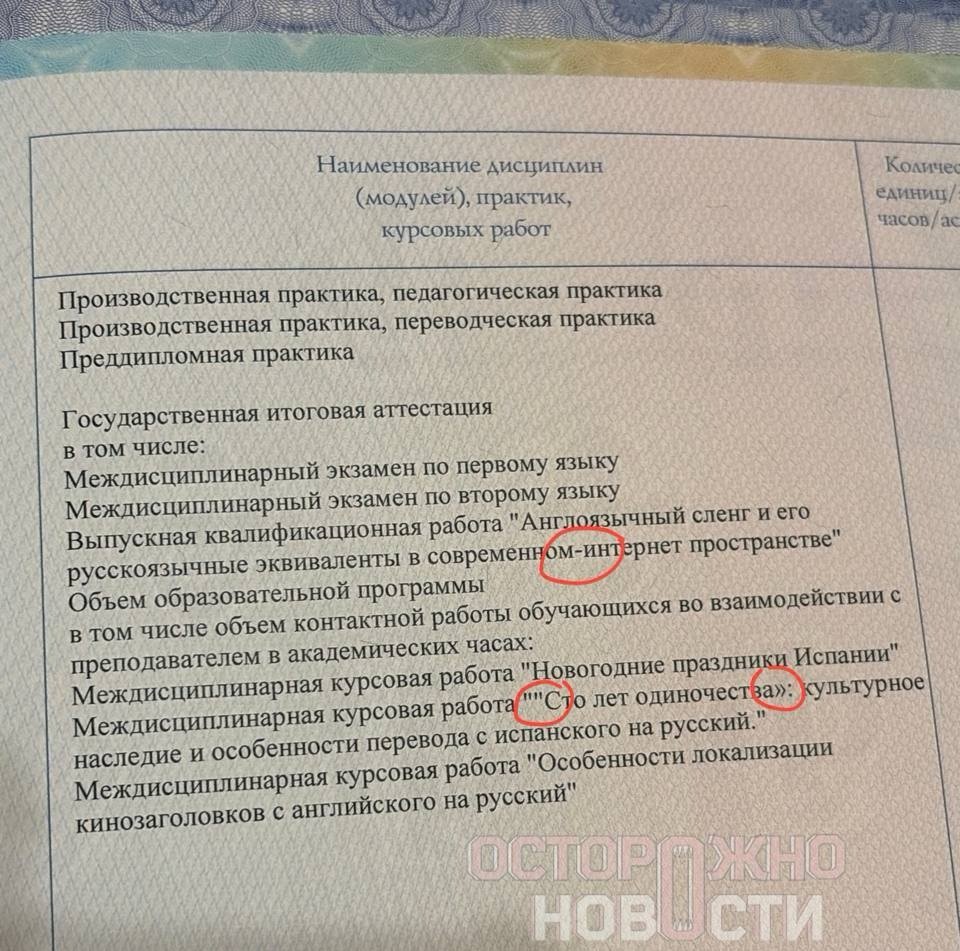Кадр вкладыша к диплому с опечатками. Фото: «Осторожно, новости»