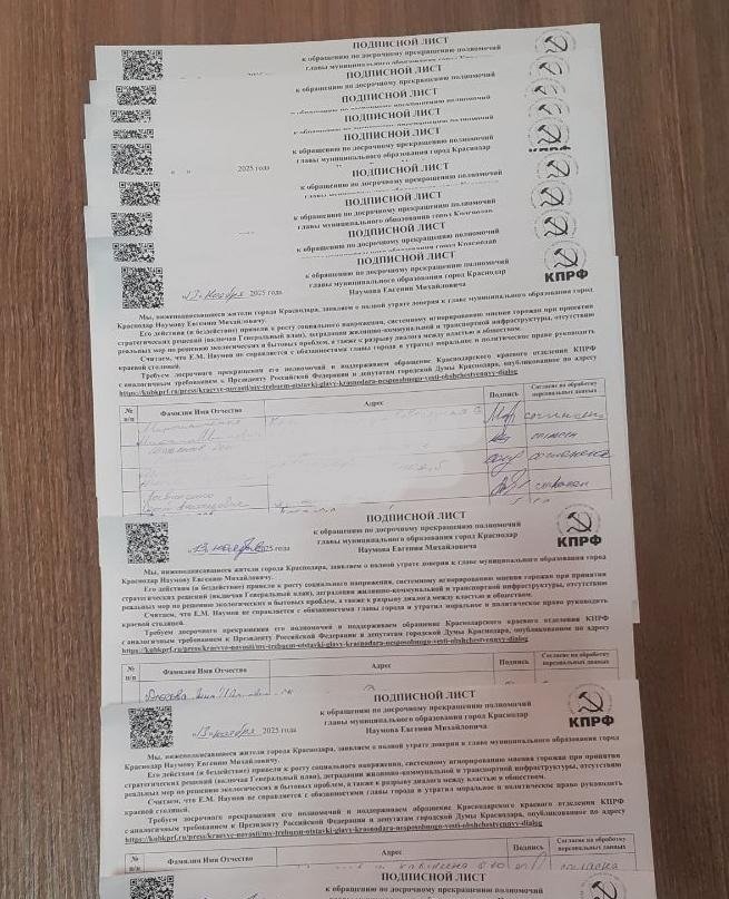 Подписи за отставку главы Краснодара Евгения Наумова. Фото: телеграм-канал «Красный темник»