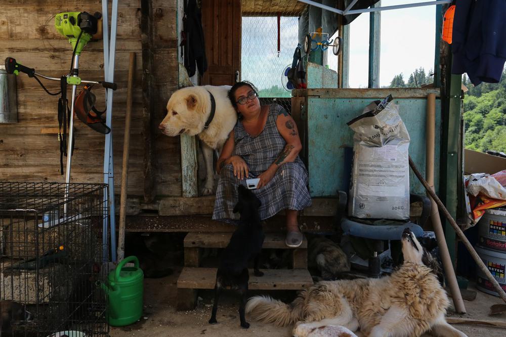 Лена с собаками на крыльце дома, который строится на территории приюта Dog’s Ambulance. Фото: Марина Докторова, специально для «Новой газеты»