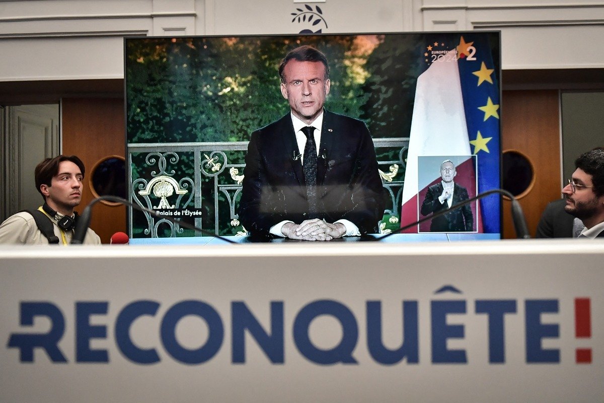 Речь президента Франции Эммануэля Макрона после объявления результатов голосования на выборах в Европейский парламент, 9 июня 2024 г. Фото: Abdullah Firas / ABACA