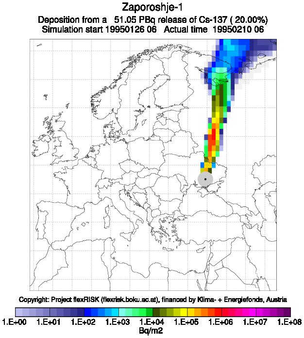 Возможное распространение радиоактивных веществ при тяжелой аварии на ЗАЭС, в зависимости от направления ветра. Может долелеть до Москвы