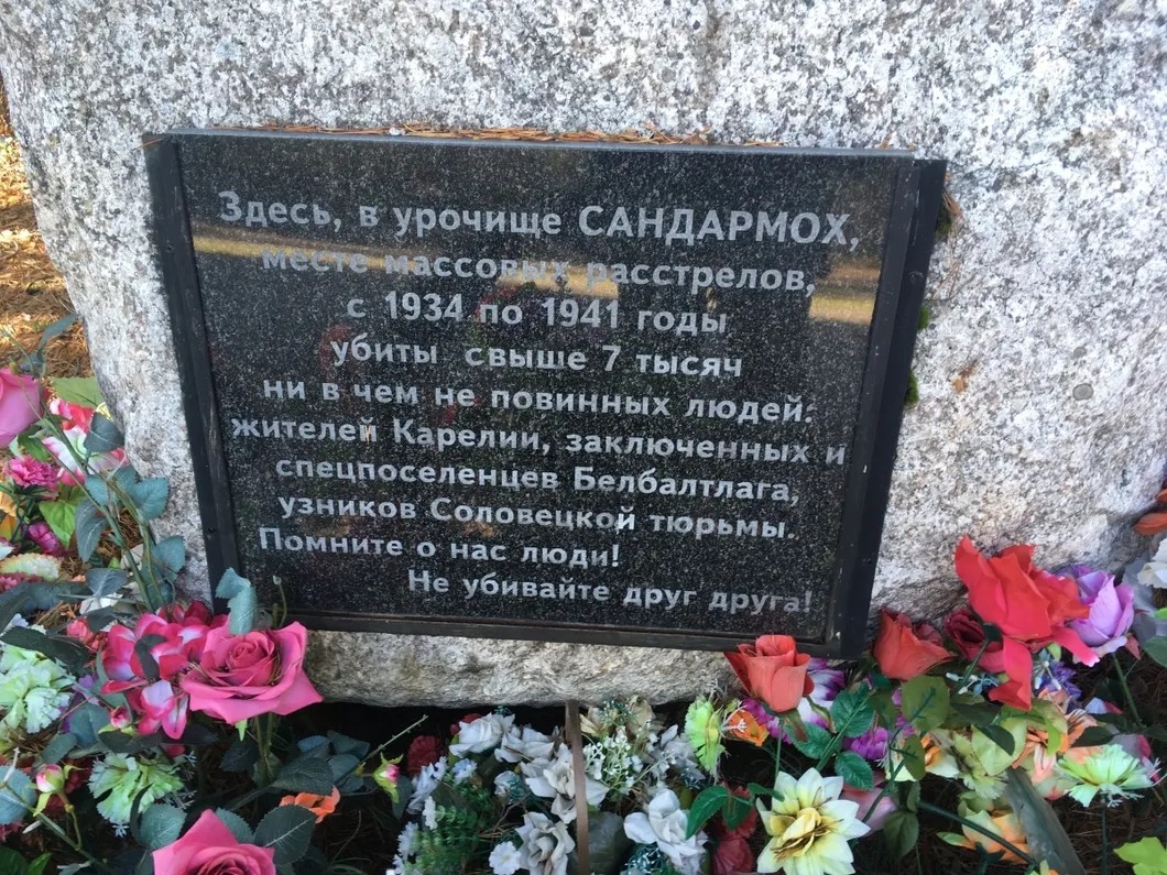 Памятная доска в Сандармохе. Фото: Ирина Тумакова/«Новая газета»