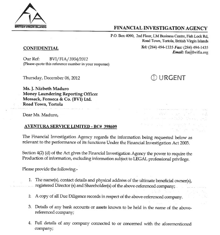 Запрос Агентства по финансовым расследованиям Британских Виргинских островов о фирме Aventura